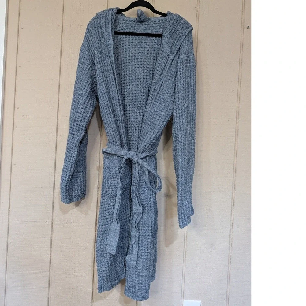 Onsen Hooded Waffle Robe Denim Blue Size L Supima Cotton Luxury Spa Huckberry‎